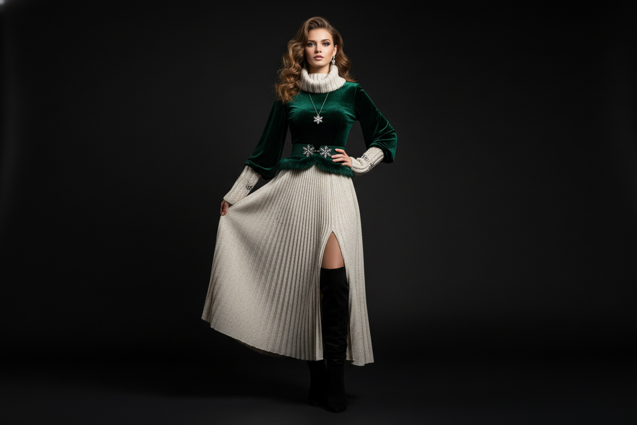 winter dress on model, background black